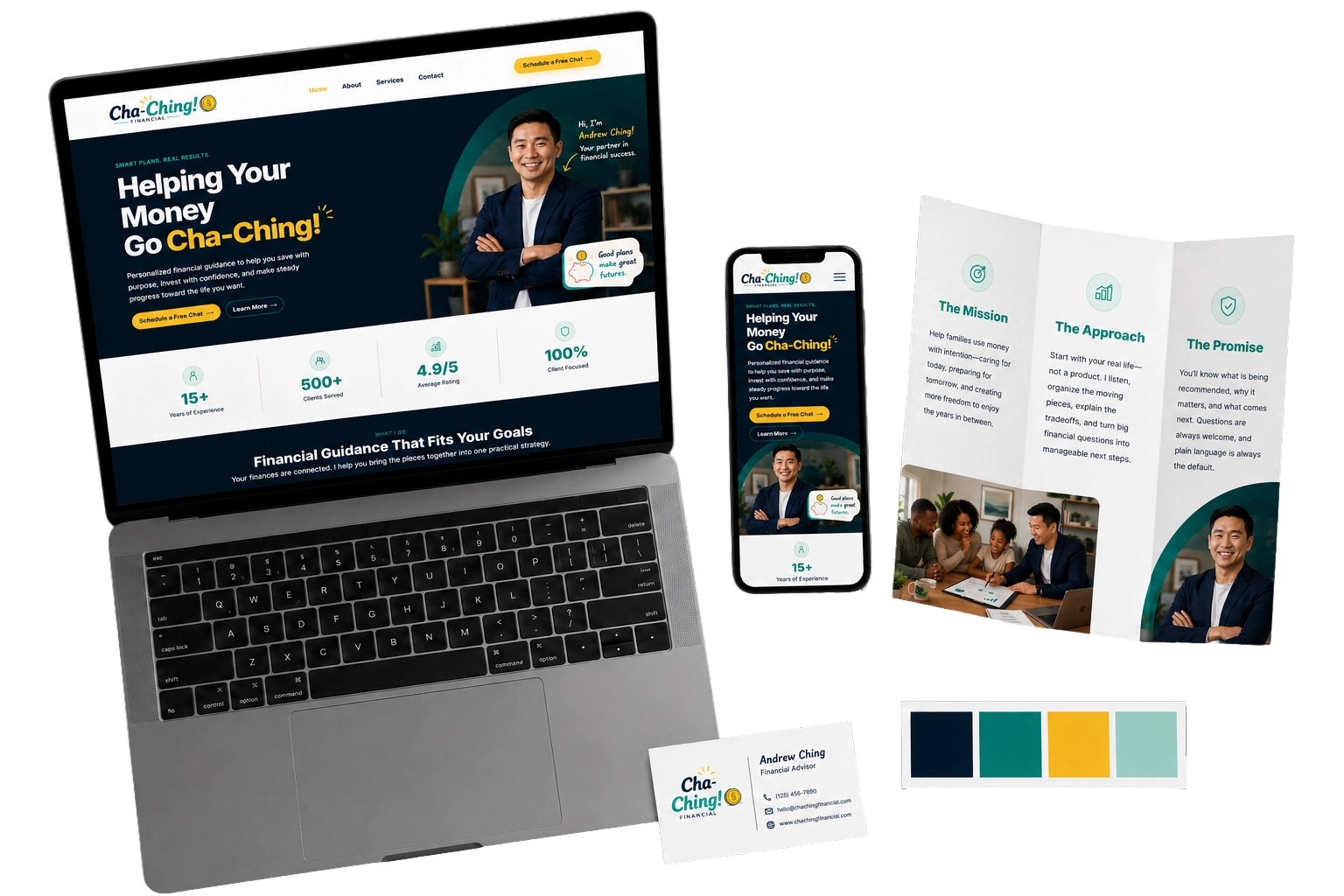 Cha-Ching Financial branding shown across a website, mobile design, brochure, business card, and color palette