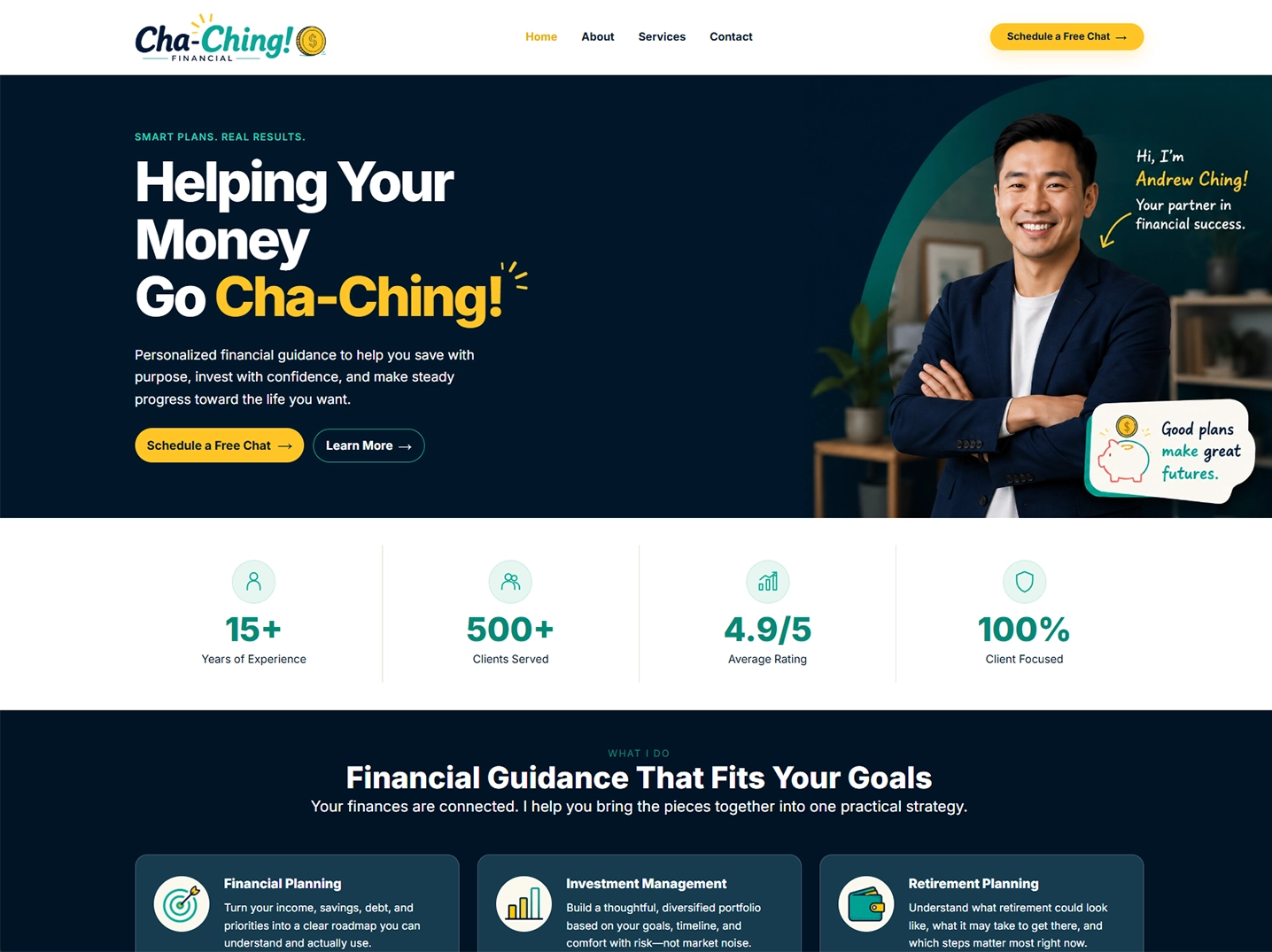 Cha-Ching Financial credibility-focused website example