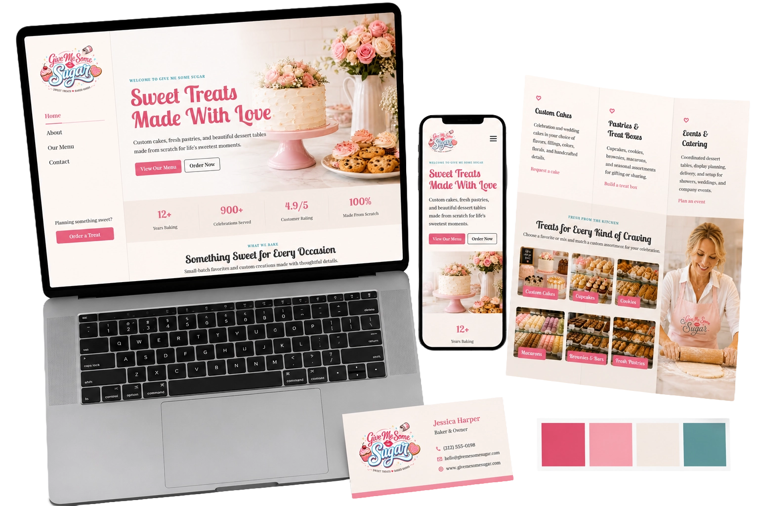 Give Me Some Sugar bakery branding shown across a website, mobile design, brochure, business card, and color palette