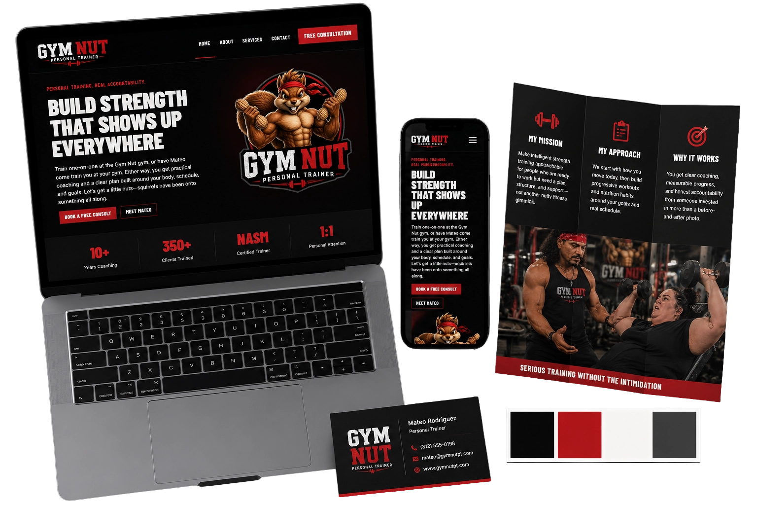 Gym Nutt personal trainer branding shown across a website, mobile design, brochure, business card, and color palette
