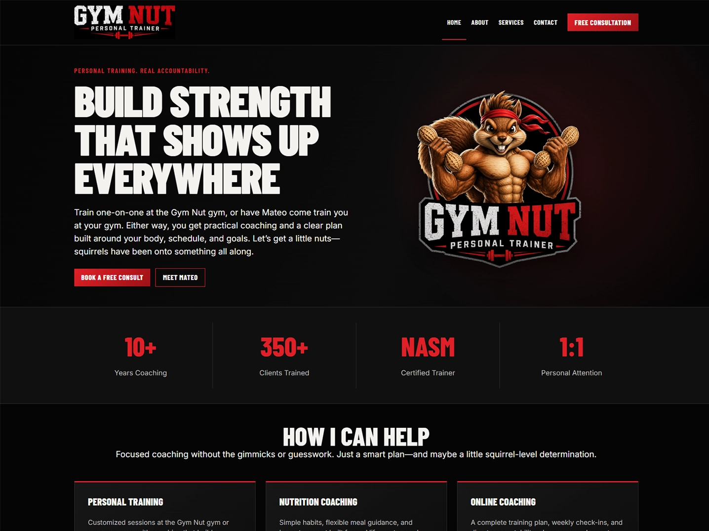 Gym Nut personality-focused website example