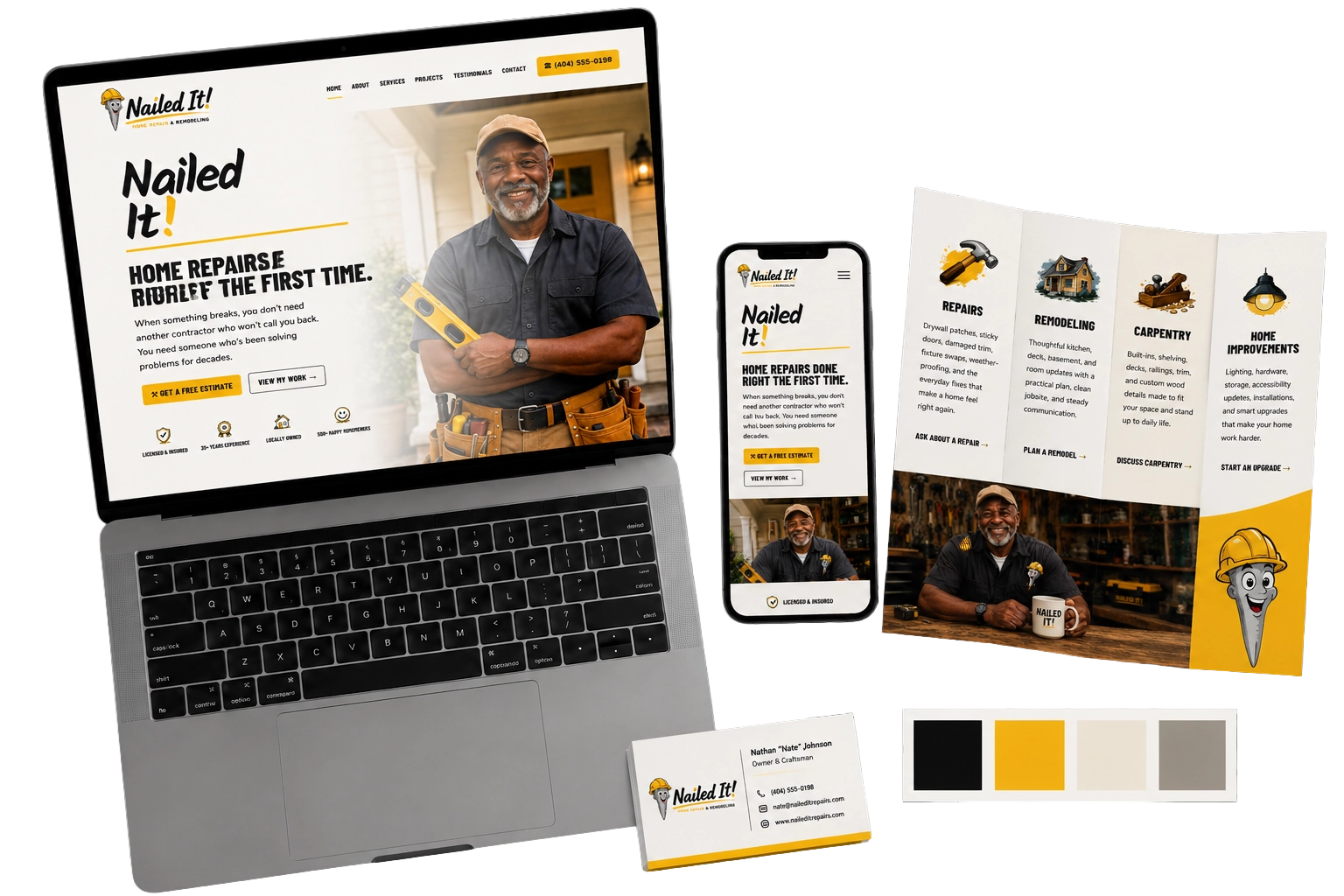 Nailed It home repair branding shown across a website, mobile design, brochure, business card, and color palette
